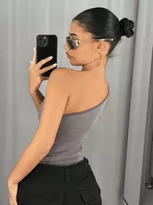SHEIN ICON One Shoulder Cut Out Bodysuit - Grey - View 2