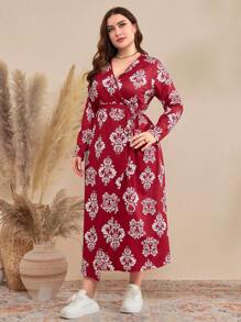 Mulvari Plus Size Women'S Full Print Wrap Collar Dress - Red and White - View 4