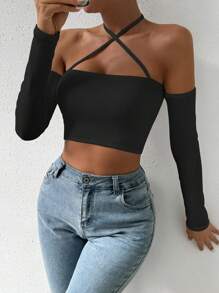 SHEIN Unity Áo crop top trễ vai nữ có cổ chéo, đi chơi - màu đen - Xem 6