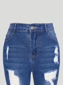 少女深色水藍色破洞牛仔褲，捲邊設計和有彈性的材質 - 中等水洗藍 - 查看 5