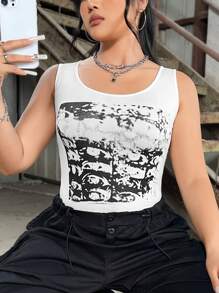 SHEIN EZwear Camiseta Sin Mangas Estampada De Talla Grande
