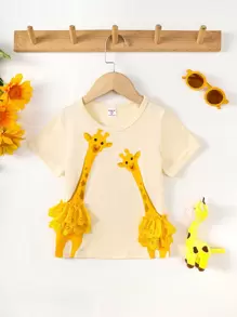 SHEIN 少女用長頸鹿印花短袖t恤 - 杏色 - 查看 1