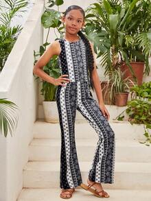 青少年女孩休閒度假花卉印花圓領無袖背心和喇叭褲套裝 - 黑與白 - 查看 5