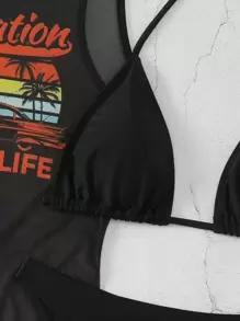 Swim Vcay Của phụ nữ Lá thư & bản in cây cọ Halter Neck Bộ Bikini Liên hoan âm nhạc - màu đen - Xem 6