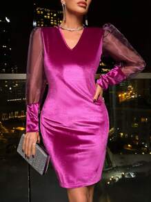 RueChic Ladies' Elegant Mesh Patchwork Dress - Purple - View 1