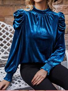 SHEIN Clasi 女性立領泡泡袖t恤 - 藍色 - 查看 1