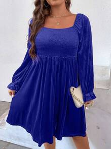 SHEIN Clasi Plus Size Solid Color Flounce Sleeve Dress - Royal Blue - View 5