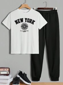 Teen Boy Casual Letter Printed Sweatshirt And Pants Set, Summer - Multicolor - View 1