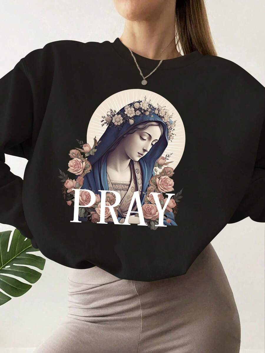 SHEIN LUNE 女款圓領毛衣,帶有字母和花卉印花 - 黑色 - 查看 1