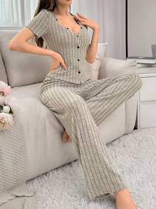 Conjunto De Ropa Para Mujer En Tejido De Punto Acanalado De Un Solo Color Para Estar En Casa - Gris - Ver 6