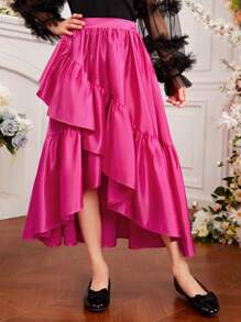 Tween 女童高低褶饰缎面复古正式半身裙，下摆不对称 - 玫紅色 - 查看 5