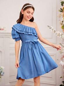 Tween Girls' Off-Shoulder Double Layer Ruffle Dress With Empire Waist - Light Wash - View 4