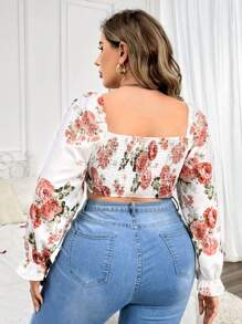 Flirla 大碼花卉印花波浪袖上衣,綁帶前部細節 - 彩色 - 查看 2