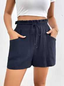 SHEIN Essnce Solid Color Double-Pocket Drawstring Paperbag Waist Shorts - Navy Blue - View 4