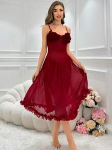 Camisón sexy de noche de malla transparente con adorno de pétalos - Burdeos - Ver 3