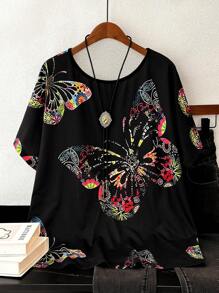 EMERY ROSE Plus Size Women Butterfly Print Loose Fit T-Shirt, Graphic Tee, Women Summer Top
