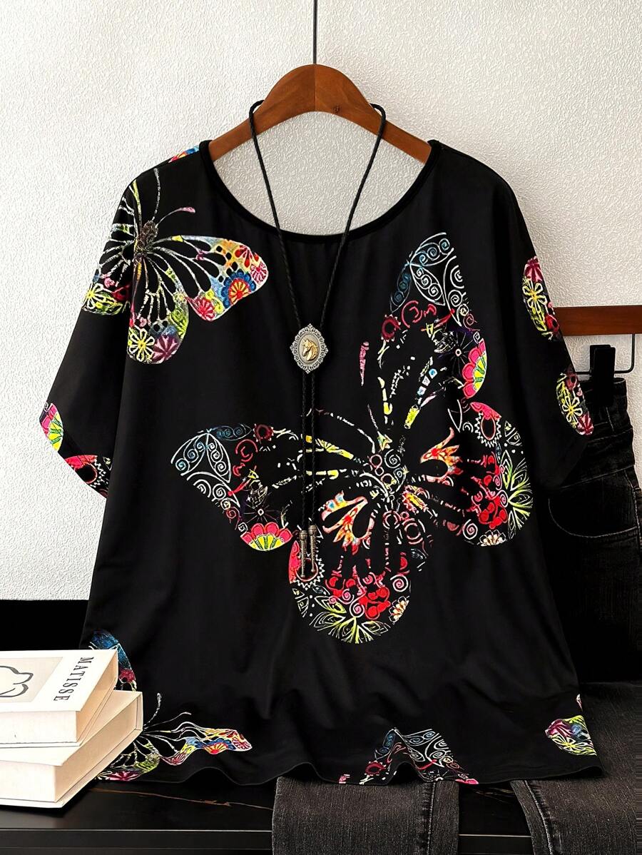 EMERY ROSE Plus Size Women Butterfly Print Loose Fit T-Shirt, Graphic Tee, Women Summer Top