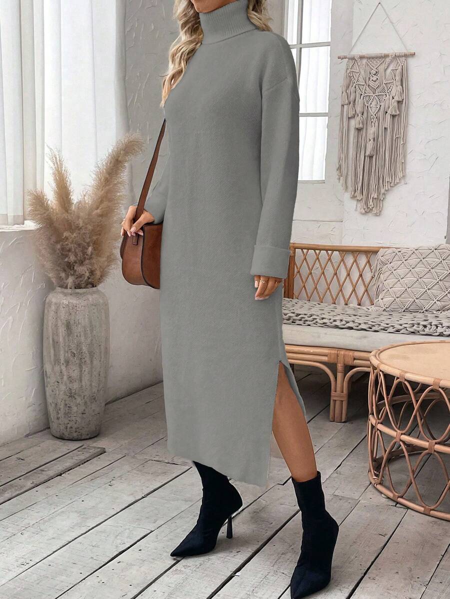 SHEIN Clasi 女士高領側開叉毛衣連衣裙 - 淺灰色 - 查看 1