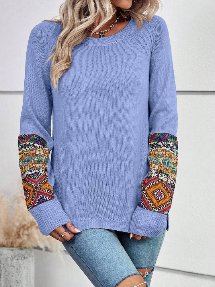 Printed Patchwork Sweater Pullover Knit Pullover Fall Winter Sweater