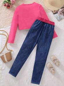 SHEIN 2入組青少年女生休閒圓領長袖短t恤和彈性腰帶牛仔印花褲,附帶皮帶,適用於春秋季節 - 玫紅色 - 查看 2