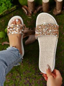 Women'S Rhinestone & Sequin Decor Comfy Lightweight Flat Sandals With Style T-Strap, Summer, Random Color - Brown - View 2