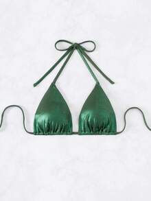 SHEIN Swim Màu thuần Halterneck Áo bikini Lễ hội hóa trang - màu xanh lá - Xem 4