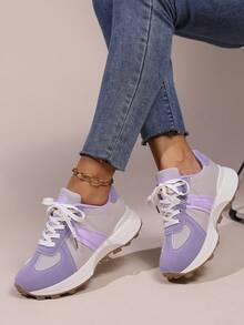 女款運動鞋繫帶休閒厚底運動鞋舒適圓頭女鞋 - 紫羅蘭色 - 查看 4