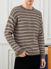RueChic Men's Round Neck Striped Sweater - Beige - View 5