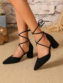 女款四季純色天鵝絨時尚粗跟繫帶涼鞋 - 黑色 - 查看 2