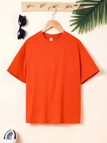 SHEIN Camiseta Deportiva De Manga Corta Para Niños Con Diseño De Personajes De Caricaturas Y Eslogan De Básquetbol De Ajuste Holgado - Naranja - Ver 2