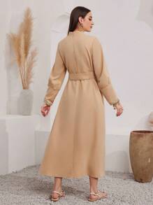 Mulvari Women's Stand-Up Collar Lace Splicing Waist Belt Arabian Dress