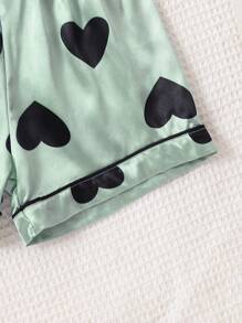 Tween Girls' Heart Printed Green Satin Shorts & Short Sleeve Cardigan With Button And Two Pockets Casual 2pcs Home Outfit - Green - View 3