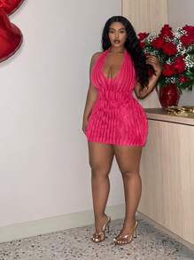 Slaydiva Plus Size Women's Halter Neck Dress - Hot Pink - View 4