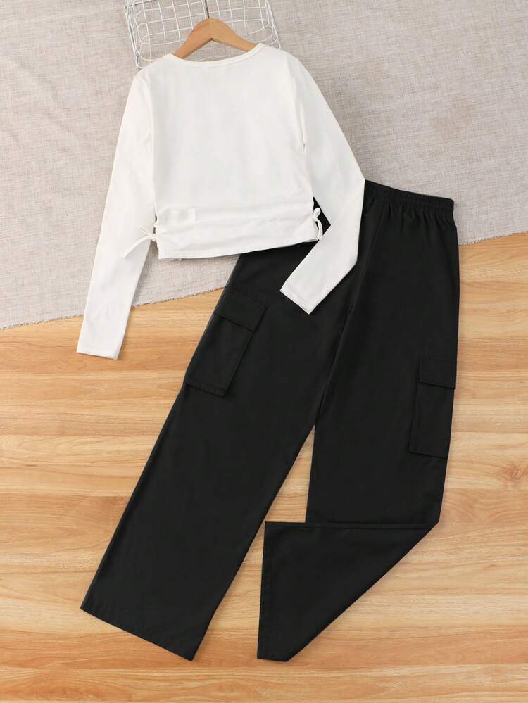 Teen Girls' Knitted T-Shirt And Woven Utility Pants Set With Portrait Pattern