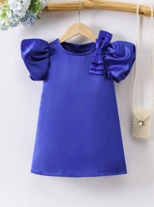 SHEIN Young Girl's Round Neck Dress With Bow Decorations - Blue - View 1