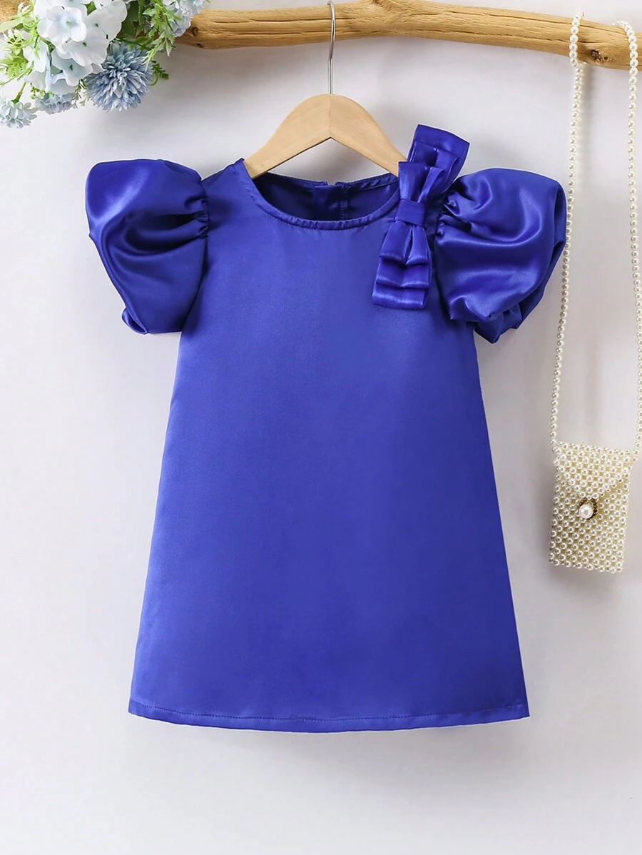 SHEIN Young Girl's Round Neck Dress With Bow Decorations - Blue - View 1