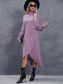 SHEIN Clasi Women's High Neck Split Hem Sweater Dress - Purple - View 5