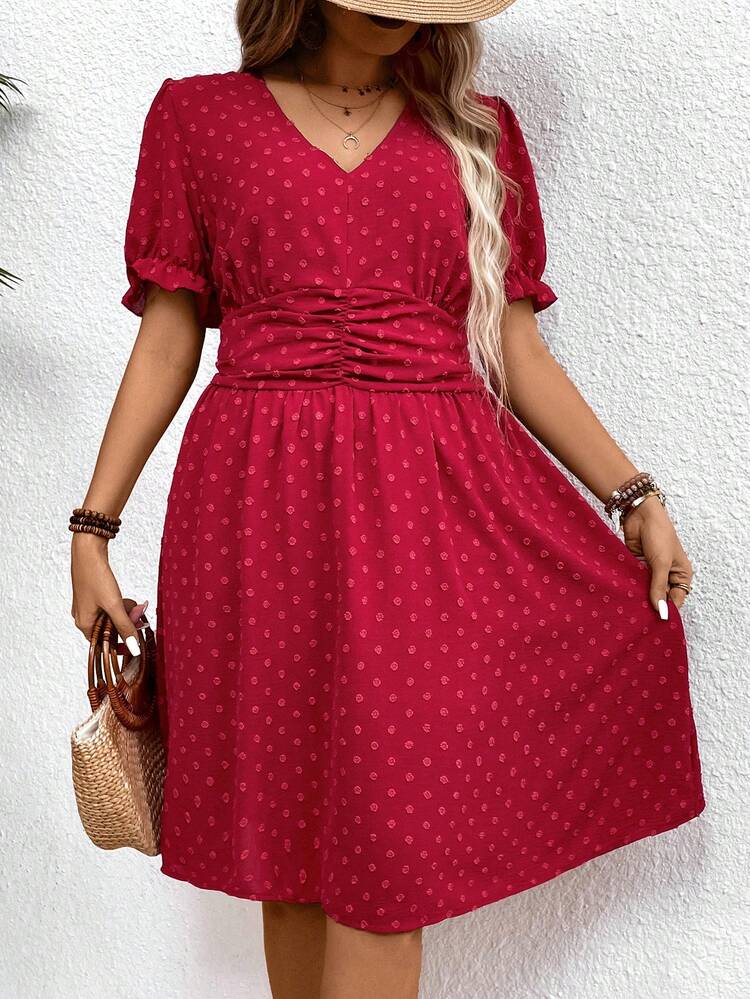 Plus Size Women's Swiss Dot Print Waist Cinched Dress
