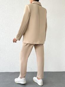 EURMUSE Solid Color Lapel Single Button Suit Jacket And Tapered Trousers - Apricot - View 2