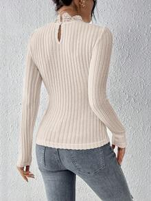 SHEIN Frenchy Women's Slim Fit Lace Patchwork Ribbed T-Shirt - Apricot - View 2