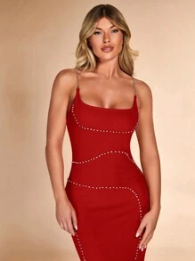 SHEIN BAE 女款水鑽綴飾開衩下擺吊帶洋裝 - 紅色 - 查看 4