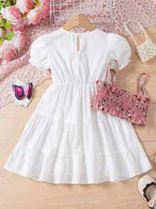 SHEIN 小女孩花卉印花套裝,包括有收緊細肩帶背心上衣和圓領短袖上衣+泡泡袖蓬裙 - 彩色 - 查看 2