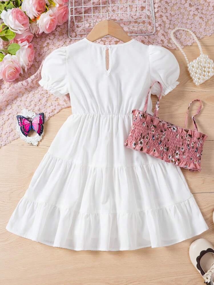 Little Girls Floral Print Set, Including A Vest Top With Shirred Spaghetti Straps And A Round-Necked Top+Puff Sleeves+Lotus Leaf Skirt