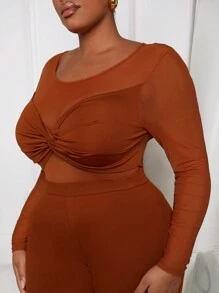 Slaydiva Plus Size Women'S Mesh Contrast Twisted Jumpsuit - Rust Brown - View 2