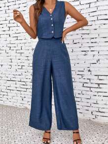 SHEIN LUNE 並排鈕扣無袖上衣和褲子兩件套 - 藍色 - 查看 3