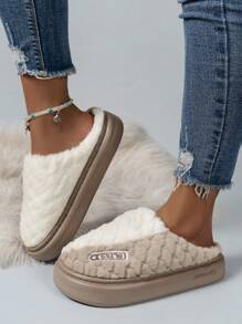 冬季加厚女式室內拖鞋,條紋、網格、純色和簡約設計 - 卡其色 - 查看 2