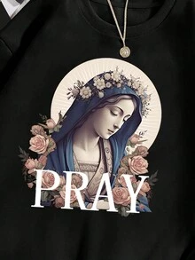 SHEIN LUNE 女款圓領毛衣,帶有字母和花卉印花 - 黑色 - 查看 3