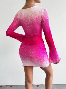 SHEIN Essnce 女士情人节粉色渐变长袖上衣和裙子两件套服装 - 彩色 - 查看 2