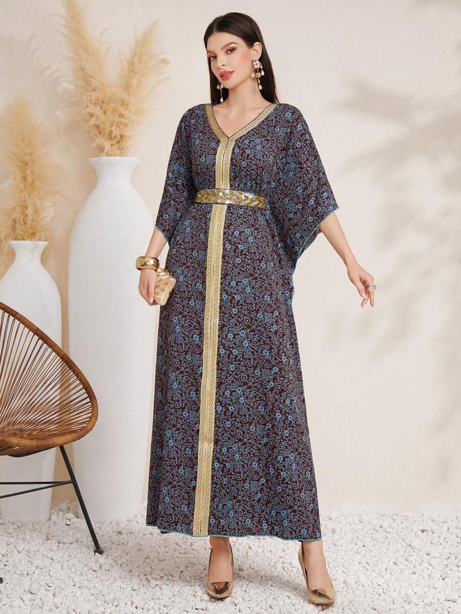 Al Najma Patchwork Sequin Embroidery V-Neck Dress Kaftan Jalabiya Dress - Multicolor - View 1