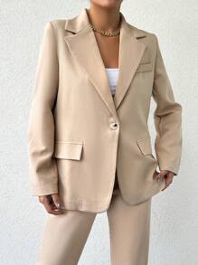 EURMUSE Solid Color Lapel Single Button Suit Jacket And Tapered Trousers - Apricot - View 5